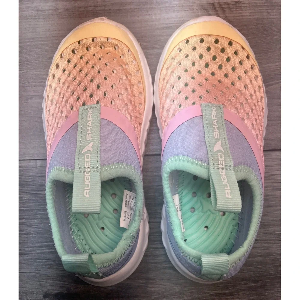 Rugged Shark Aqua-Flo Toddler Girls Water Shoes Pastel Rainbow Slip On Size 7